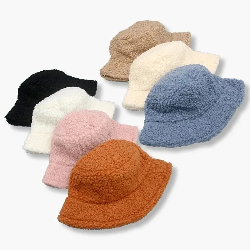 7colors Cashmere Bucket Hat Girls Winter Lamb Wool Lady Fisherman Hats Wide Brim Flat Top Cold-proof Windproof Cap Solid Color