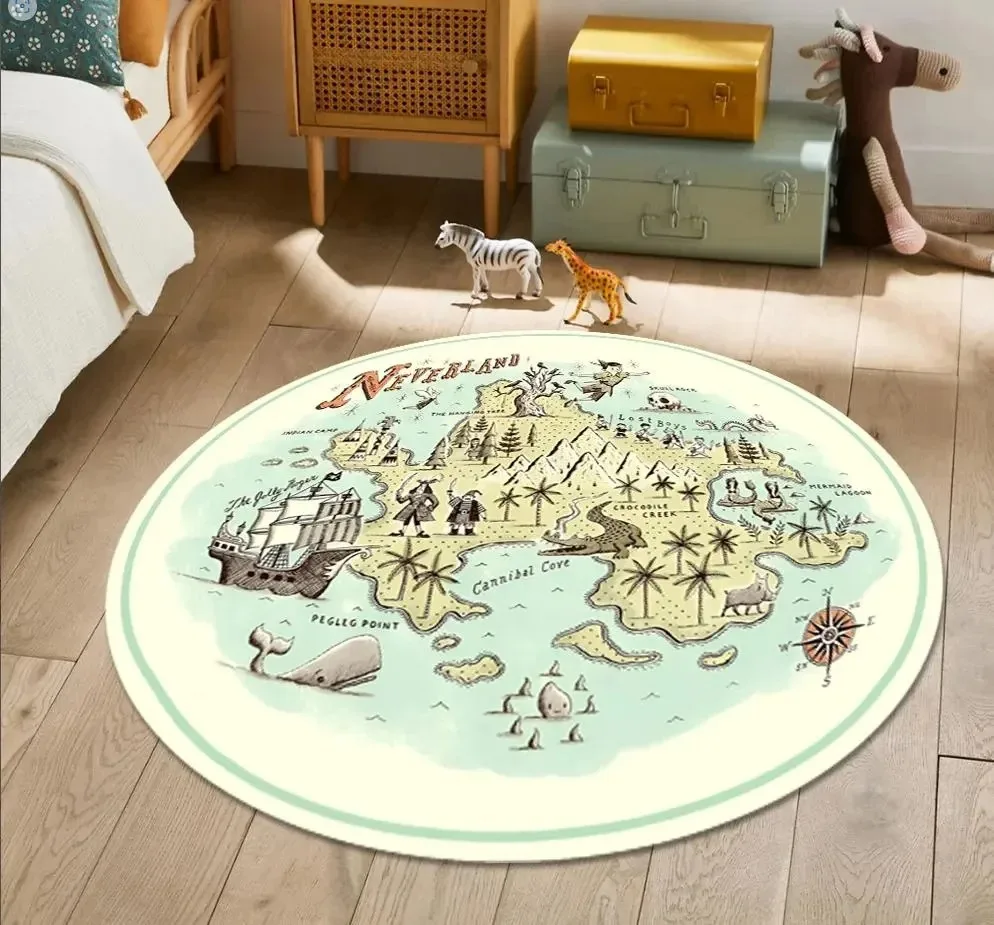 World Map Round Rug Flannel Printed Carpet Kids Room Decor Educational Play Mat Cozy Soft Floor Covering Home Decoration Indoor
