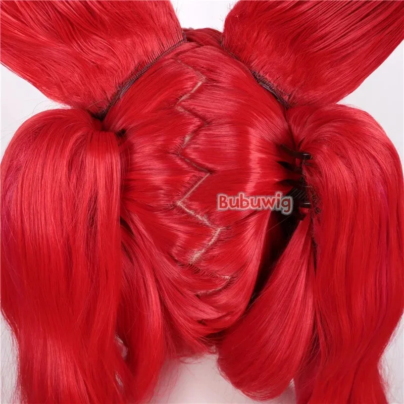 CySynthetic Hair Jinx 코스프레 가발 LOL 스타 가디언 Jinx 100cm 긴 레드 루즈 웨이브 포니테일 가발 (귀 포함) 내열성