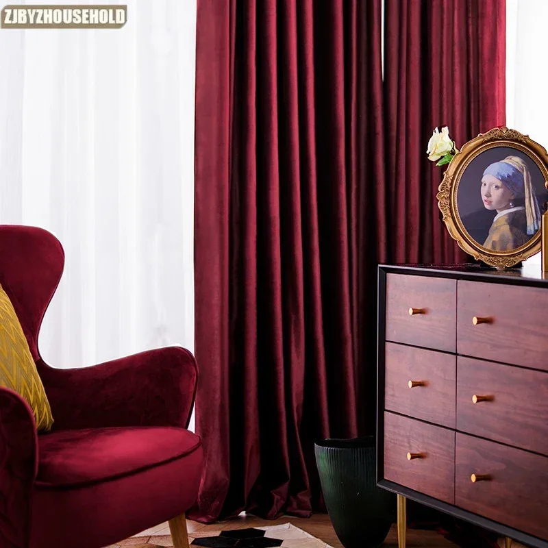 

Velvet Luxury Nordic Curtains for Living Dining Room Bedroom Fabric Burgundy Thick Curtain Tulle Customization High Shading