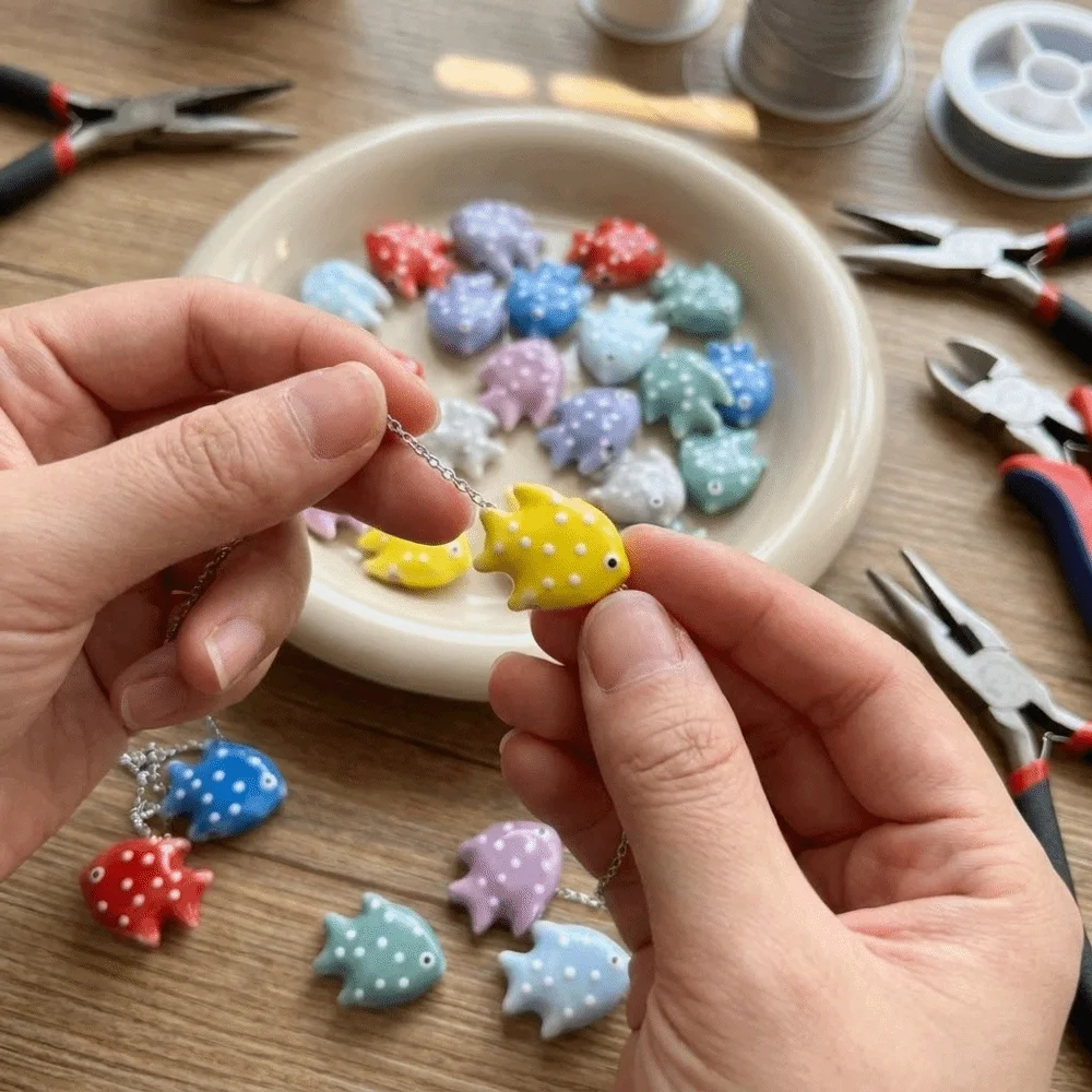 

Kawaii Fish Ceramic Beads Colorful Double-sided DIY Jewelry Making Craft Wave Point Straight Hole Loose Beads Necklace Earring
