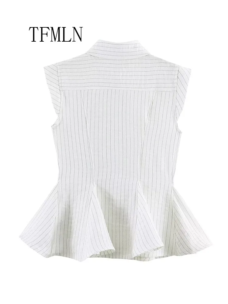 Fashion Striped Blouse Top For Women Summer Summer OL Lapel Sleeveless Single Breasted Shirt Summer Unique Elegant Causal Shirt view 3