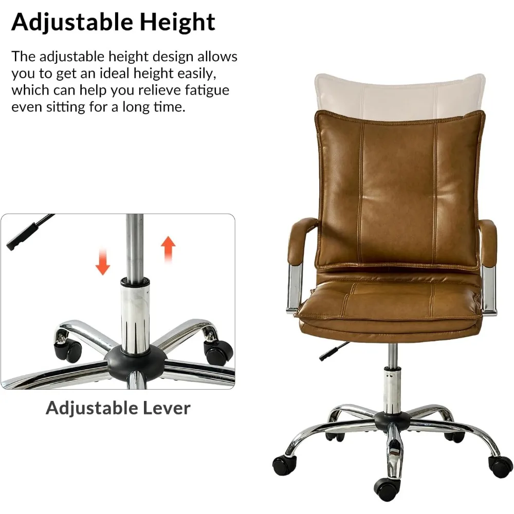 كرسي مكتب منزلي من الجلد الصناعي، كرسي كمبيوتر دوار قابل للتعديل مع أرجل وأذرع فضية، مريح منجد