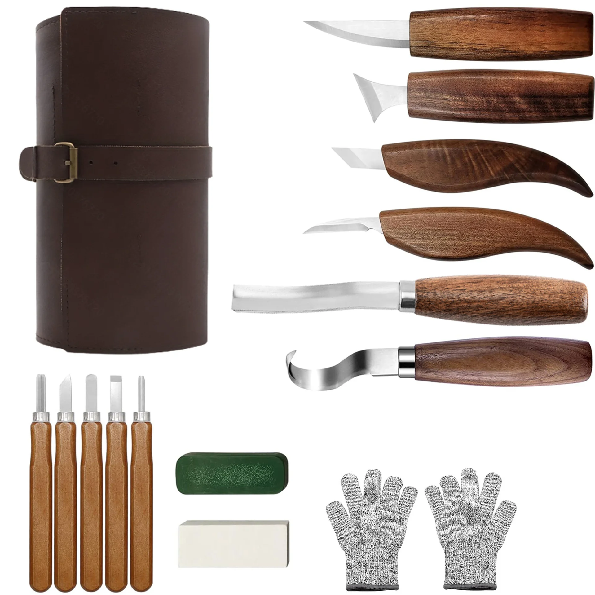 

Master carving knife, square handle wood carving knife, sharpening spoon, digging knife, sharpening tool, vintage leather set