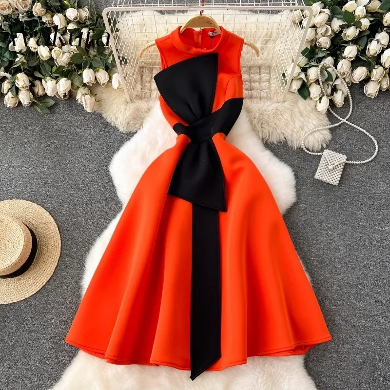 

WAKUTA American Vintage Round Neck Sleeveless Splicing Dress High-end Light Luxury Niche Color Collision Bow A-line Swing Gowns