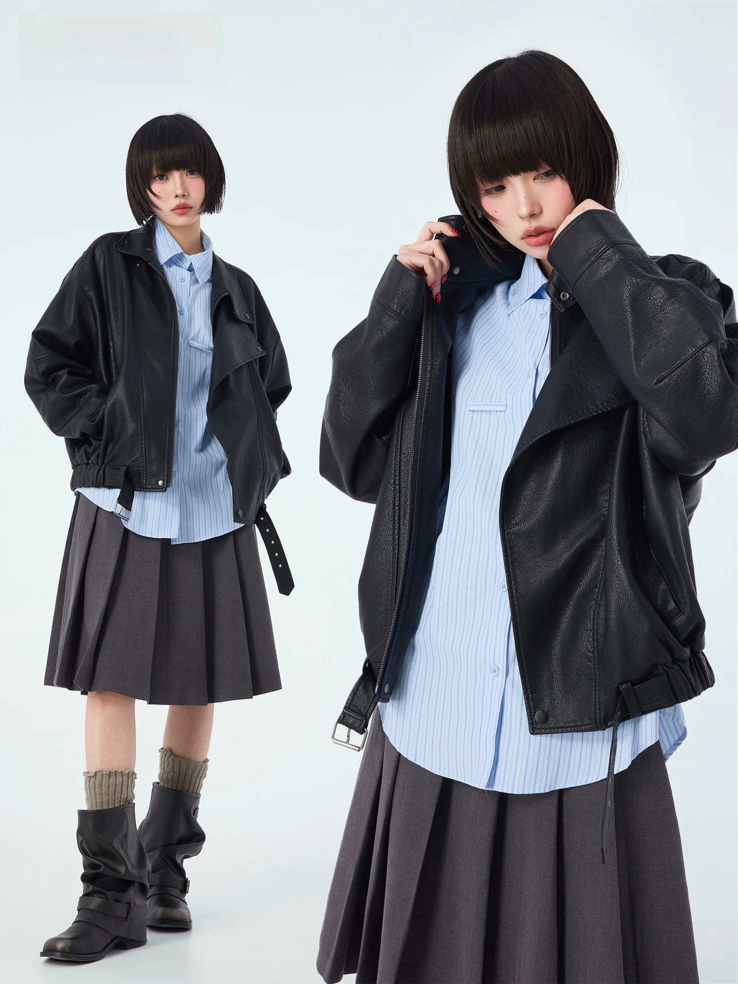 Chaqueta de cuero PU Didimax Spring New Bla para mujer, estilo motociclista, abrigo corto funcional con cremallera de manga larga