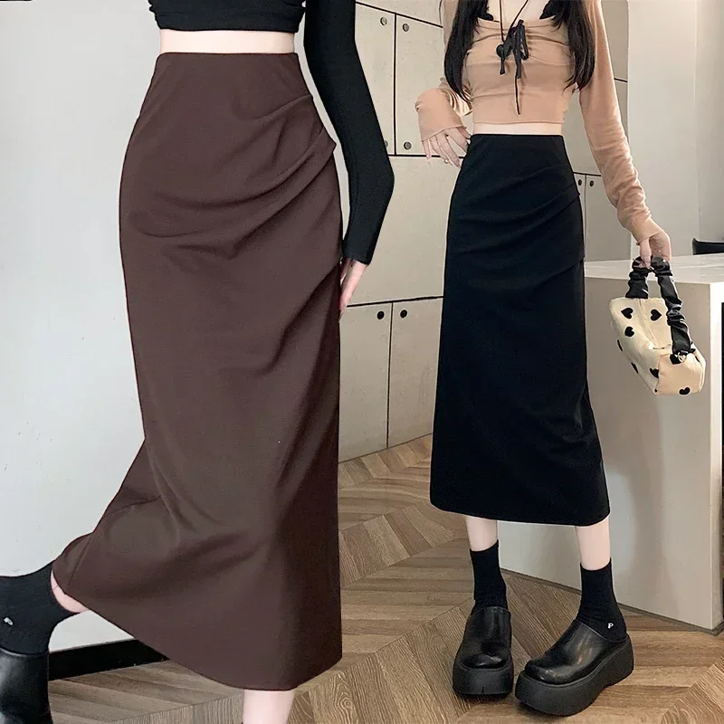 

2024 Autumn Winter New Wrinkled Split Skirt Black Slim Midi Long Skirt Korean Style