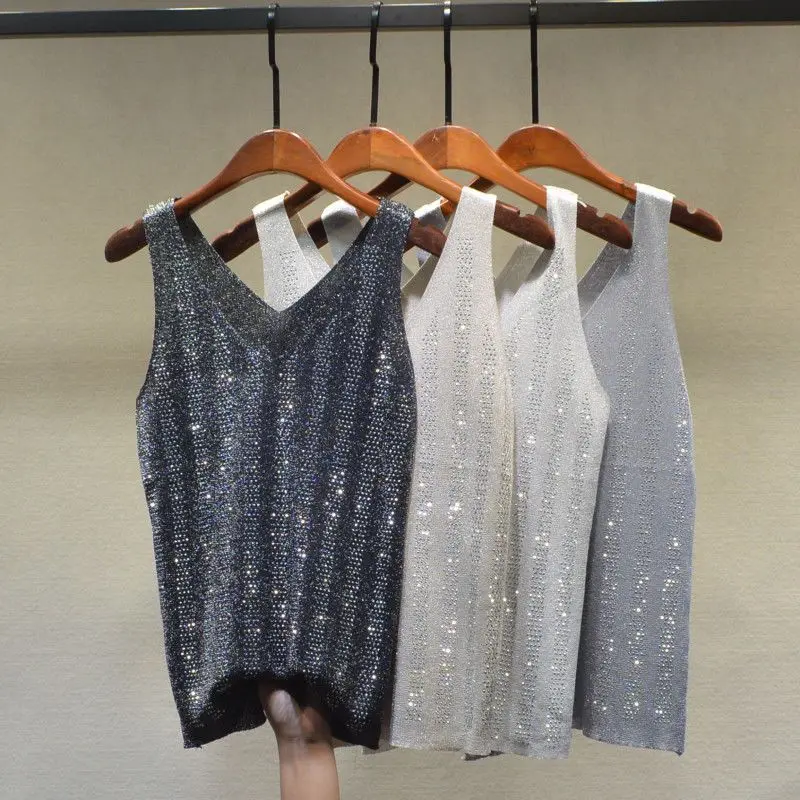 

Vintage V-neck Sleeveless Female Camis Vest Top Muje Bright Silk Tees 2025 Women Fashion Slim Basic Knit Tank Tops