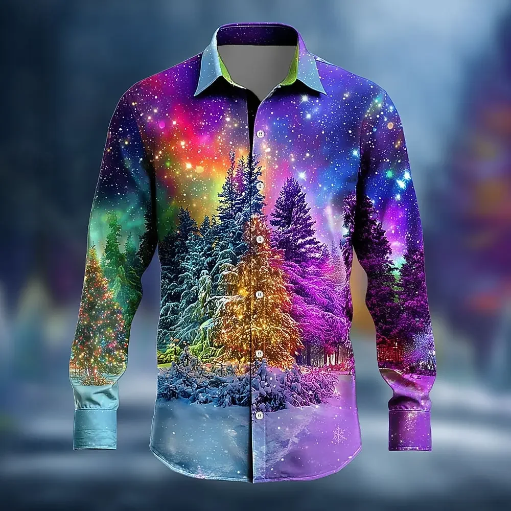2025 New Men's Long Sleeve Shirt Christmas Tree Aurora Christmas Casaul Costume Shirt Streetwear Comfort Slim Fit Shirts Top's
