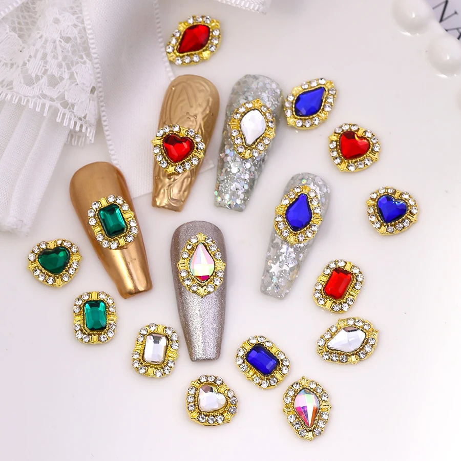 SANANIE 12Grids Geometric Mixed Rectangle Heart Nail Art Charms Luxury 3D Red Blue Green White Diamond Crystal Nails Accessories