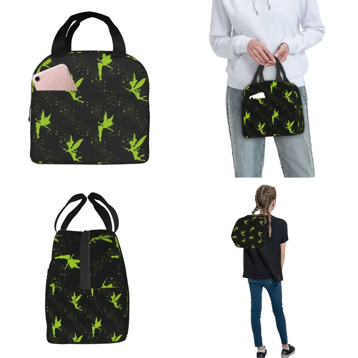 Peter Pan Tinkerbell Flying Green borsa termica per il pranzo borsa termica riutilizzabile grande Tote Lunch Box per uomo donna ufficio viaggi