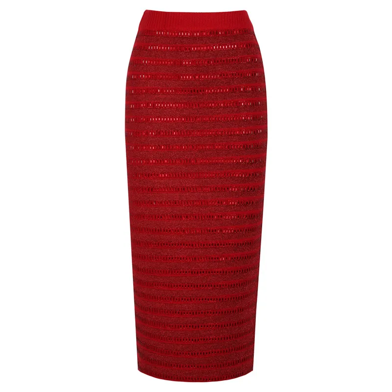 

Women Red Solid Skirt Knitted Cotton Beading Pencil Skirt