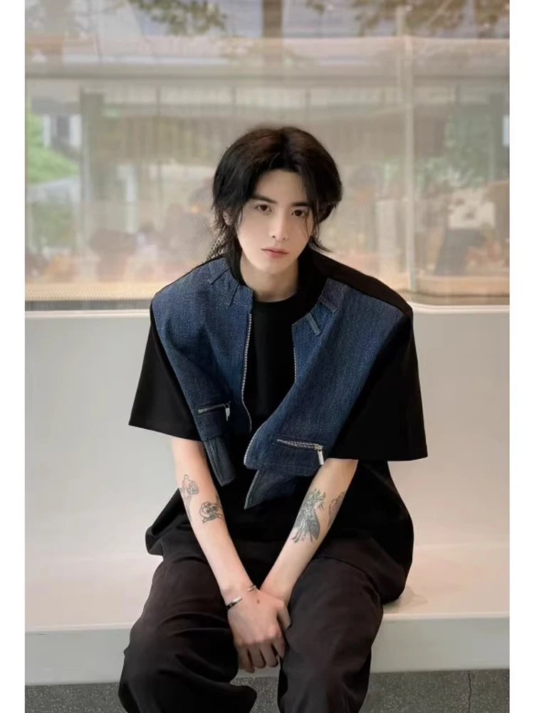 

Мужская футболка в стиле ретро American Denim в стиле пэчворк ort Sve, летняя дизайнерская футболка Sensation Fake, состоящая из двух частей, модная f Sve