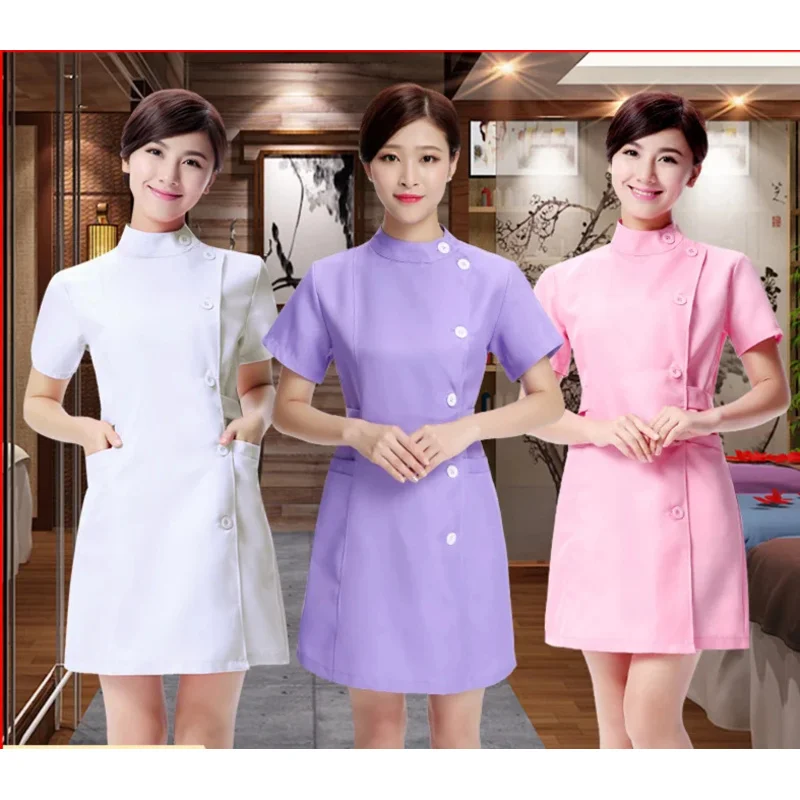 زي ممرضة وردي أبيض طويل الأكمام ، معطف مختبر ممرضة ، كم متوسط ، أنثى ، جمال ، جديد