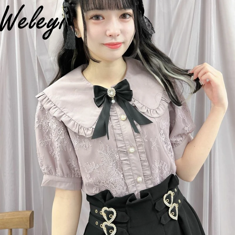 

Japanese Girl Sweet Beaded Bow Shirt Lolita Clothing 2024 Summer New Cute Short Sleeve Pink Ruffled Lace Neck Bow Blouse Female