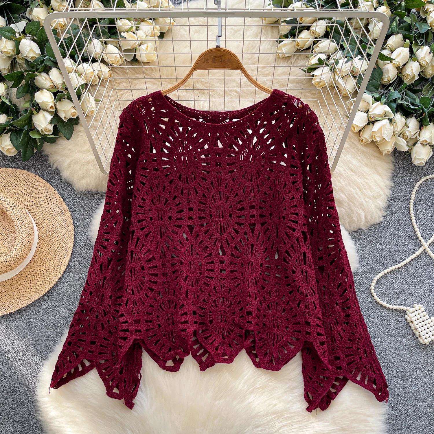 Boêmio oco crochê malha topos para mulher 2025 outono solto férias irregular praia cover-up topos