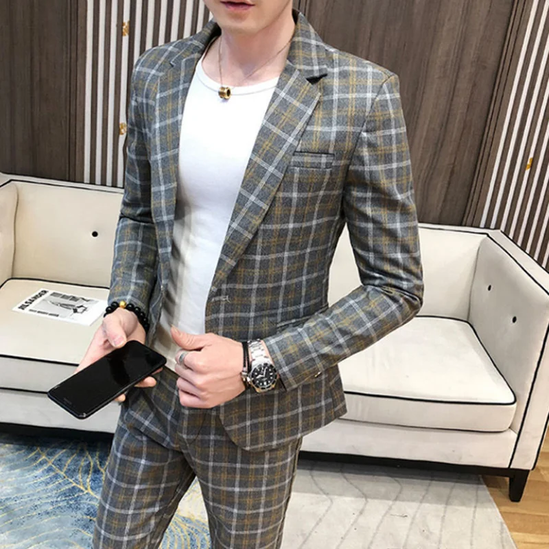 2024 Spring New Men\'s (suit + Trousers) Korean Version Slim Fashion Handsome Trend Hair Stylist Social Guy Two-piece Set