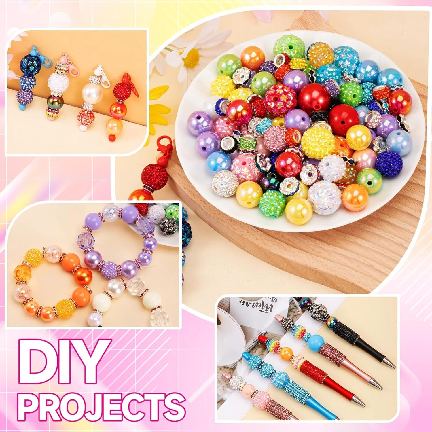 190 pezzi di perline per la creazione di penne, perline distanziatrici Rondelle incluse e perline di gomma da masticare da 16/20 mm per penna, perline acriliche per la realizzazione di gioielli
