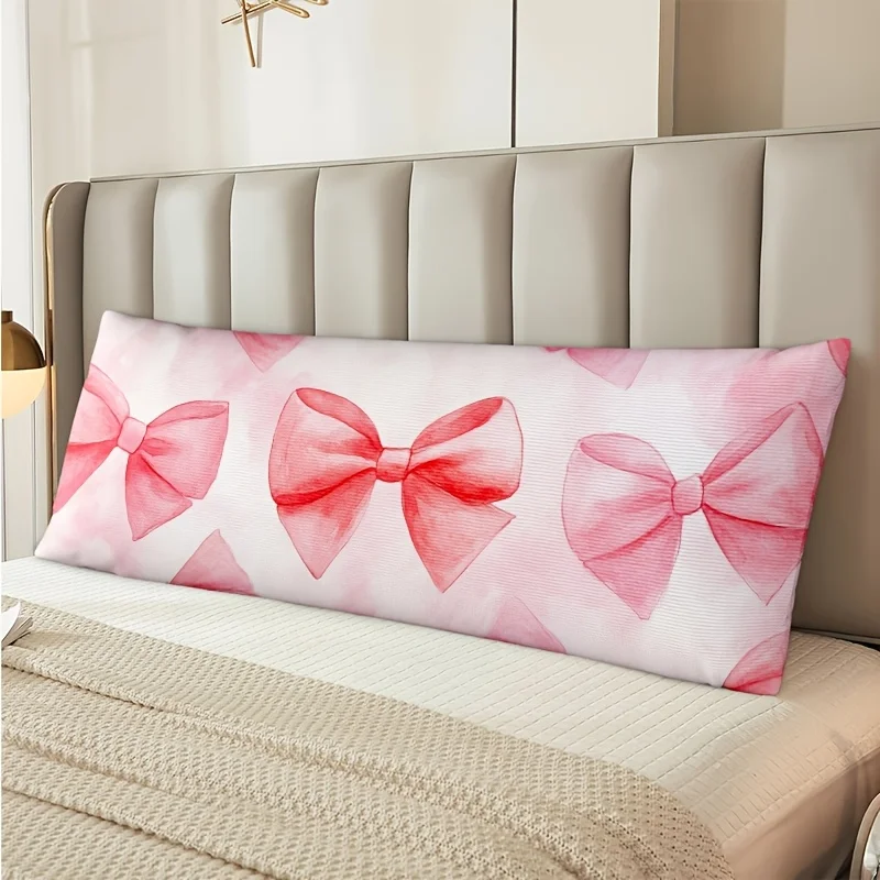 1pc Short Plush Pillowcase, Pink Bow Pattern on Pink Background, Pink Decorative Long Waist Pillowcase, Centimeters Zippered Cus