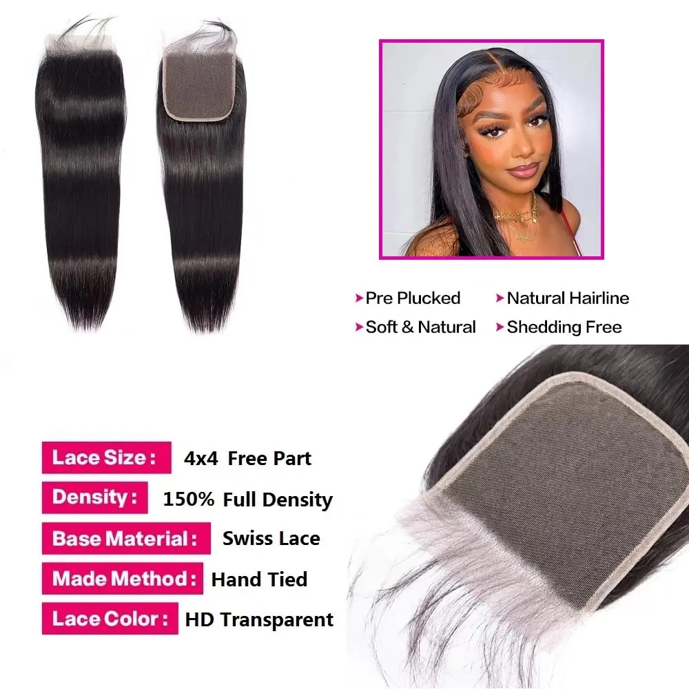 10A Прямые пучки с застежкой 22 22 22 + 20 дюймов Пучки человеческих волос 100% необработанные человеческие волосы с застежкой HD Кружева