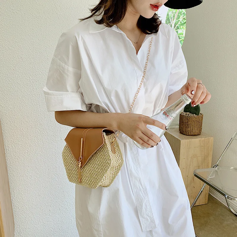 Hex-shape Mulit Style Straw+leather Handbag Women Summer Rattan Bag Handmade Woven Beach Circle Bohemia Shoulder Bag New Fashion