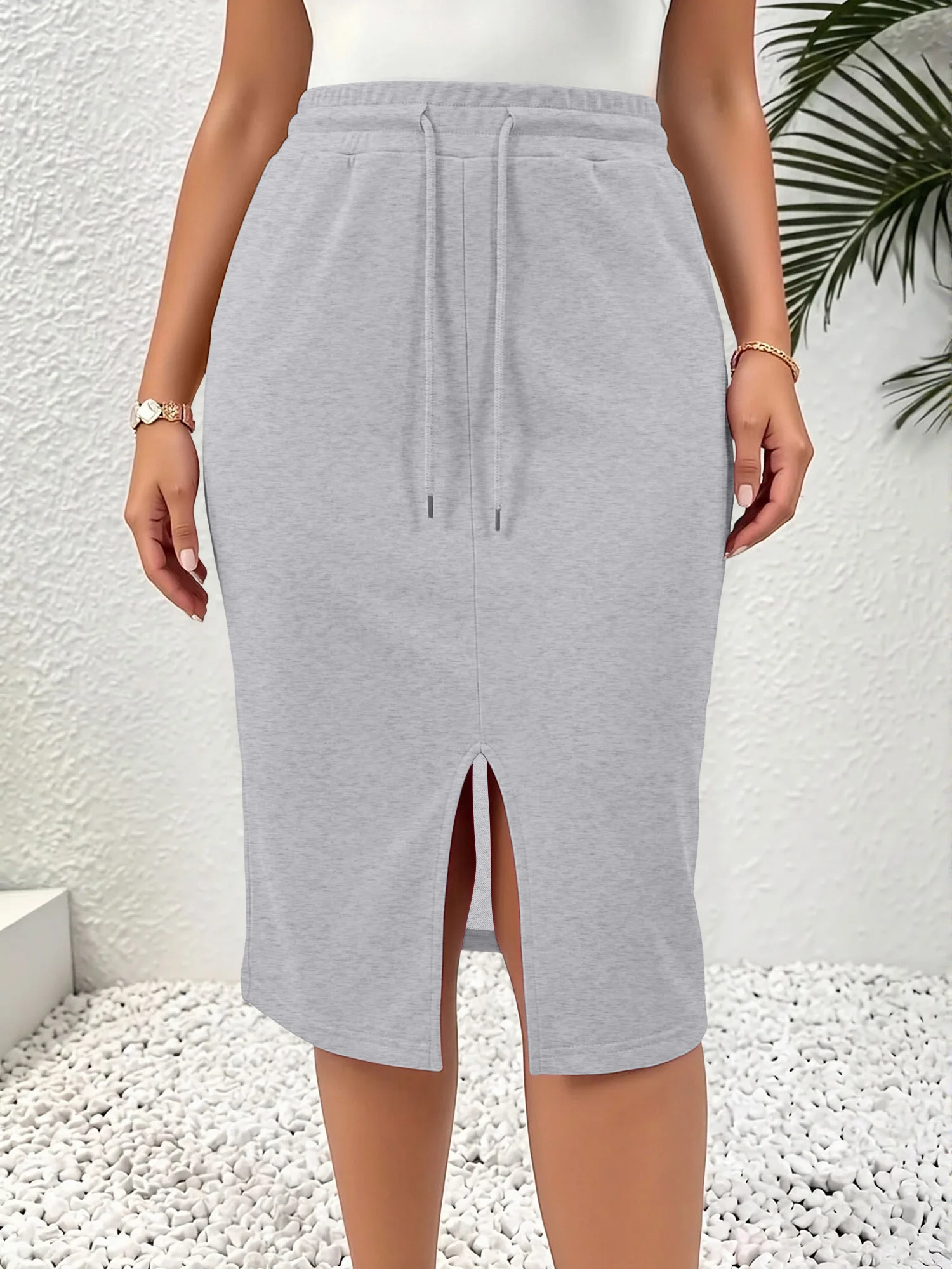 Women Comfort Terry Cloth Midi Skirt Elastic Drawstring Waist Front Opening Slit Bodycon Pencil Skirt Casual Going‑Out Wear