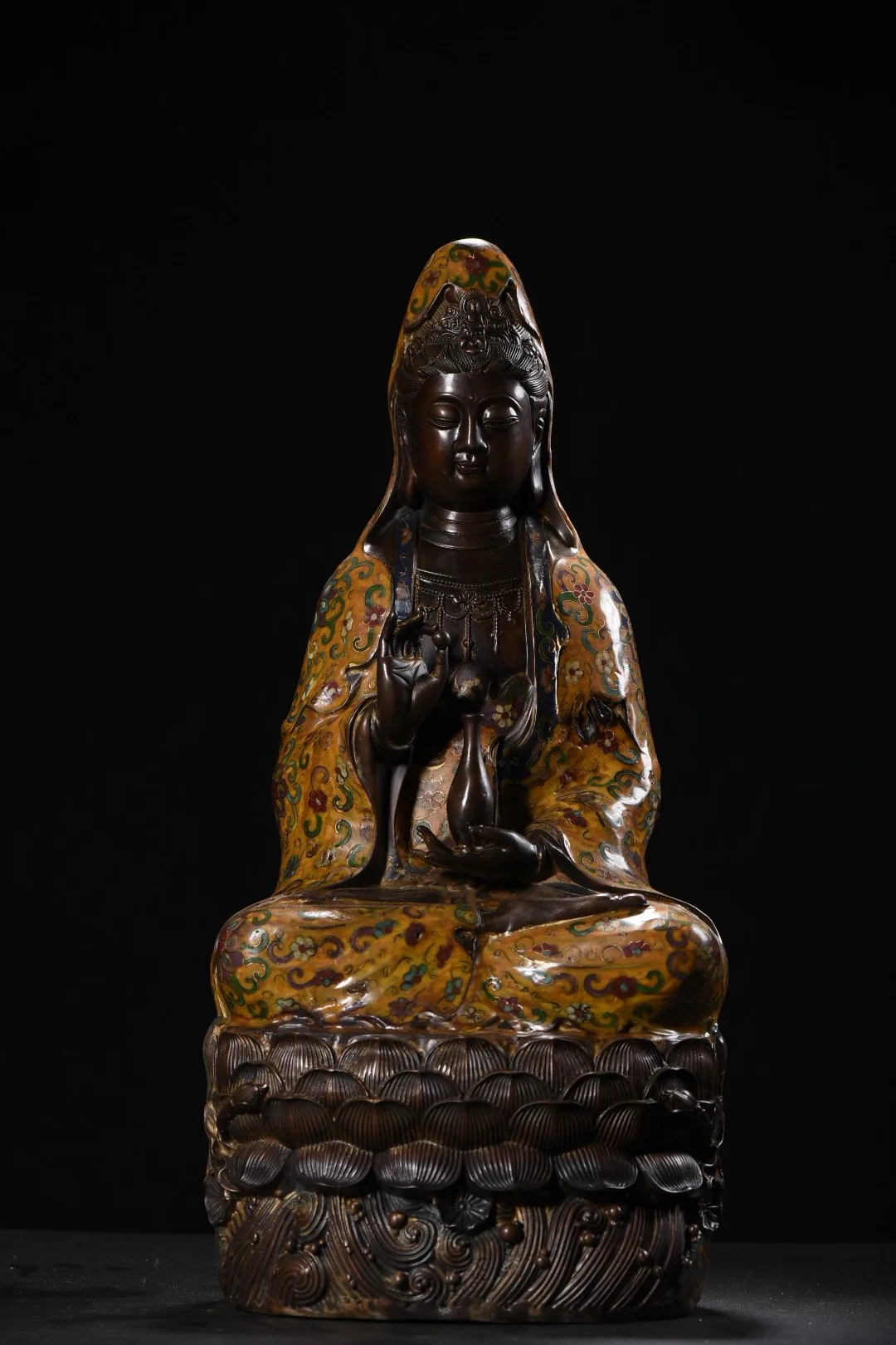 20"Old Folk Collection Bronze Cloisonne Enamel Guanyin Bodhisattva Sitting Buddha Lotus flower platform Town House Exorcism