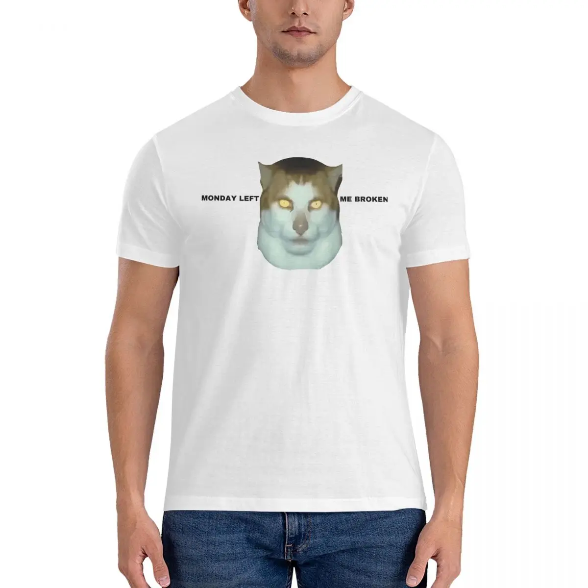 Men Meme T Shirt Monday Left Me Broken Cat 100% Cotton Tops Unique Short Sleeve Round Neck Tees Classic T-Shirts