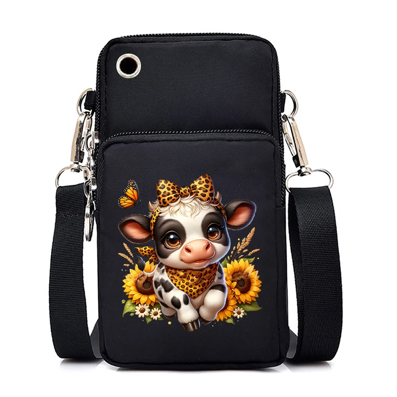 Nieuwe Kleine Koe Mobiele Telefoon Tas Dames Messenger Bag Schattige Cartoon Dier Koe Print Opknoping Hals Portemonnee Verticale Handtas