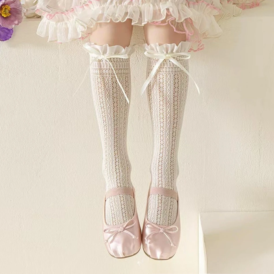 Girls Middle Length Lace Socks Calf Spring and Summer Thin Tube Socks Jk Over The Knee Girls Princess Lolita Lace Stockings XH42