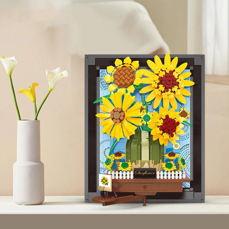 Creative Van Gogh Sunflower Painting Bouquet Building Blocks Sun Flower 3D Model Picture Frame Home Decoration Bricks Toys Gift
