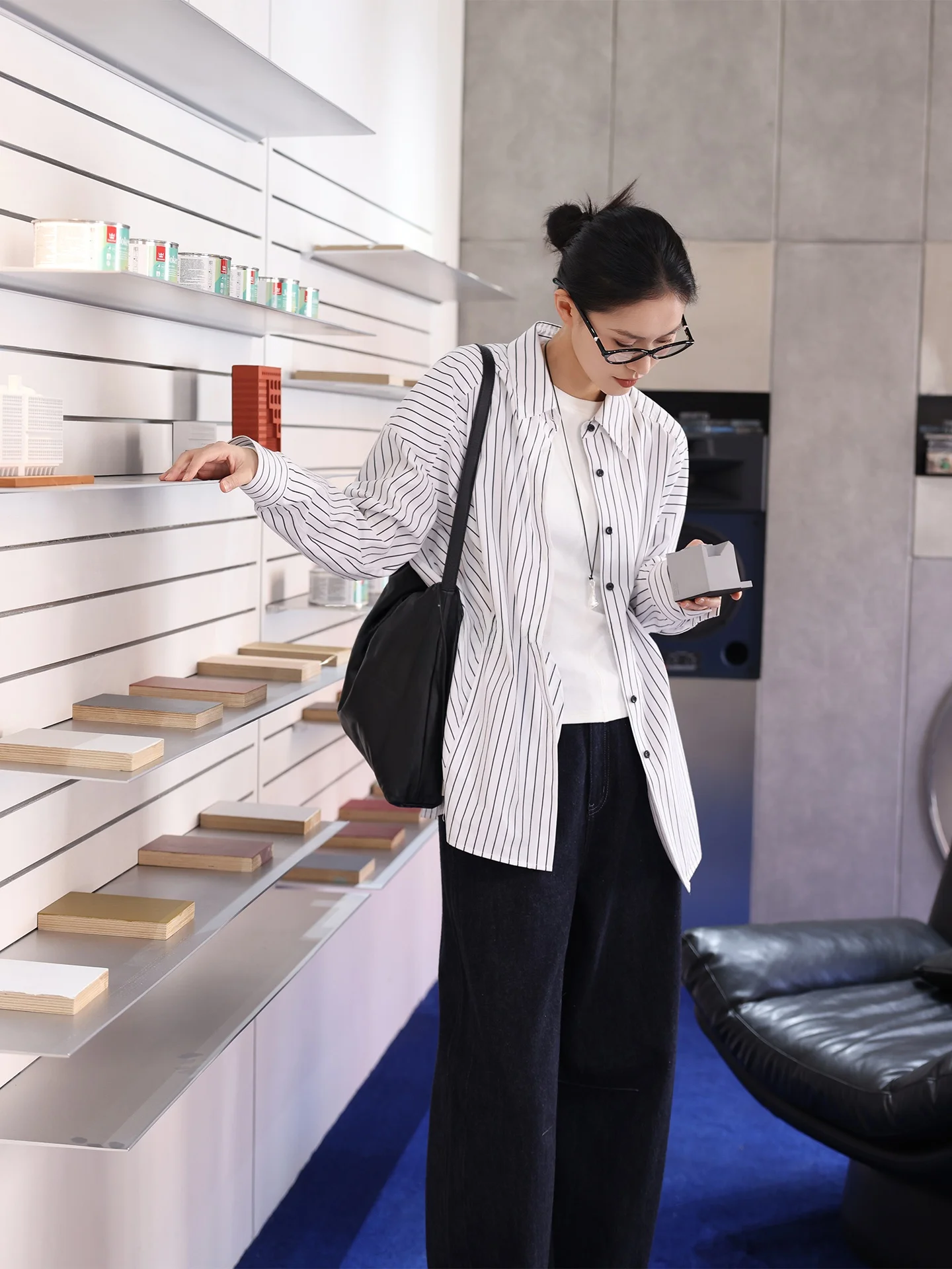 

Jieji Zhang Spring Design Cotton Long Sve Women's Loose Slimming Striped irt Casual Sle Button Detail Thin Cotton