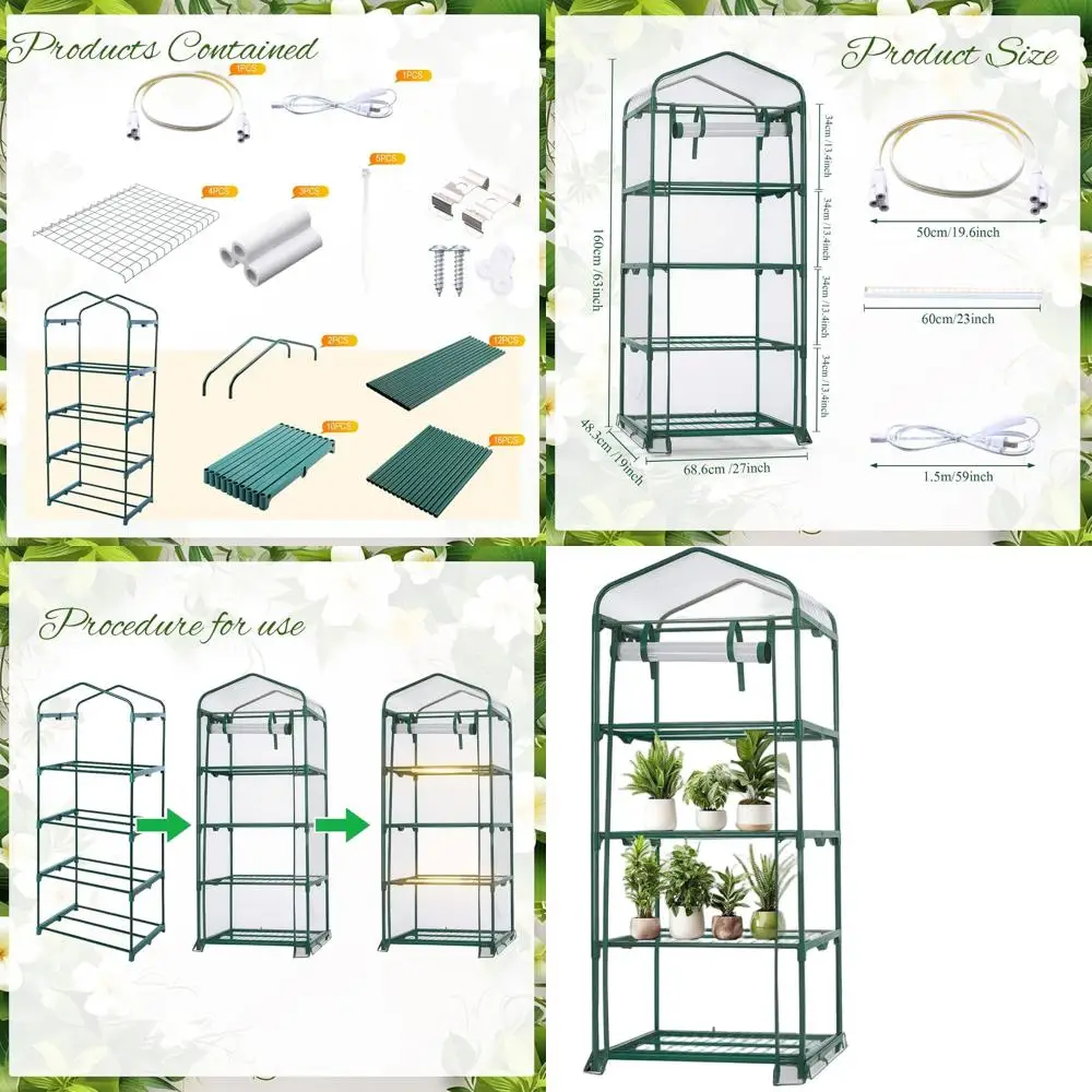 

Портативная 4-уровневая теплица с 2 световыми лампами, 62 В x 27 Д x 19 Ш, покрытие из полиэтилена, вентилируемая, с дверцей на молнии, для садоводства или выращивания растений