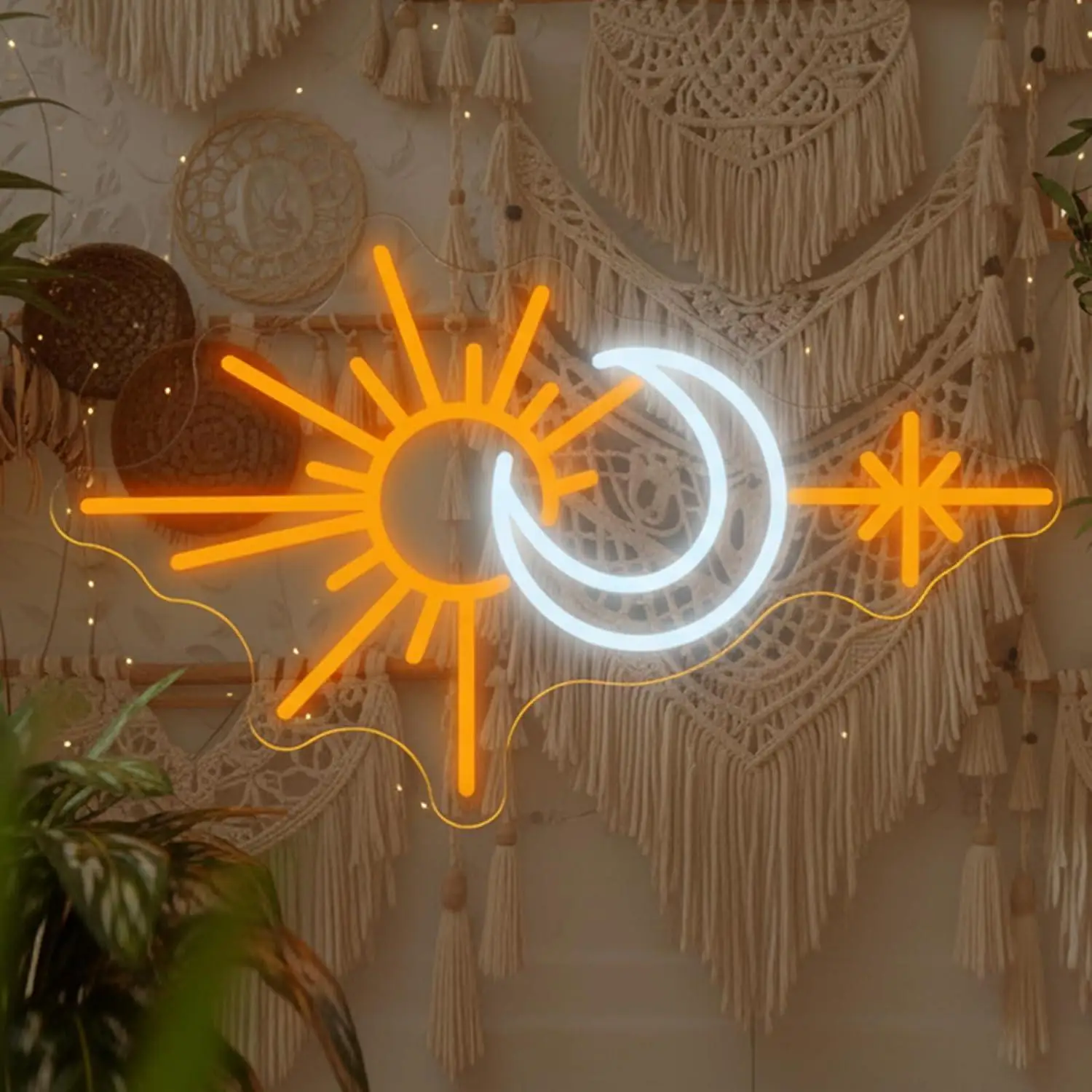 Sun Moon Neon Sign USB Dimmable LED Light for Bedroom Living Room Boho Celestial Spiritual Nature Inspired Aesthetic Decor Gifts