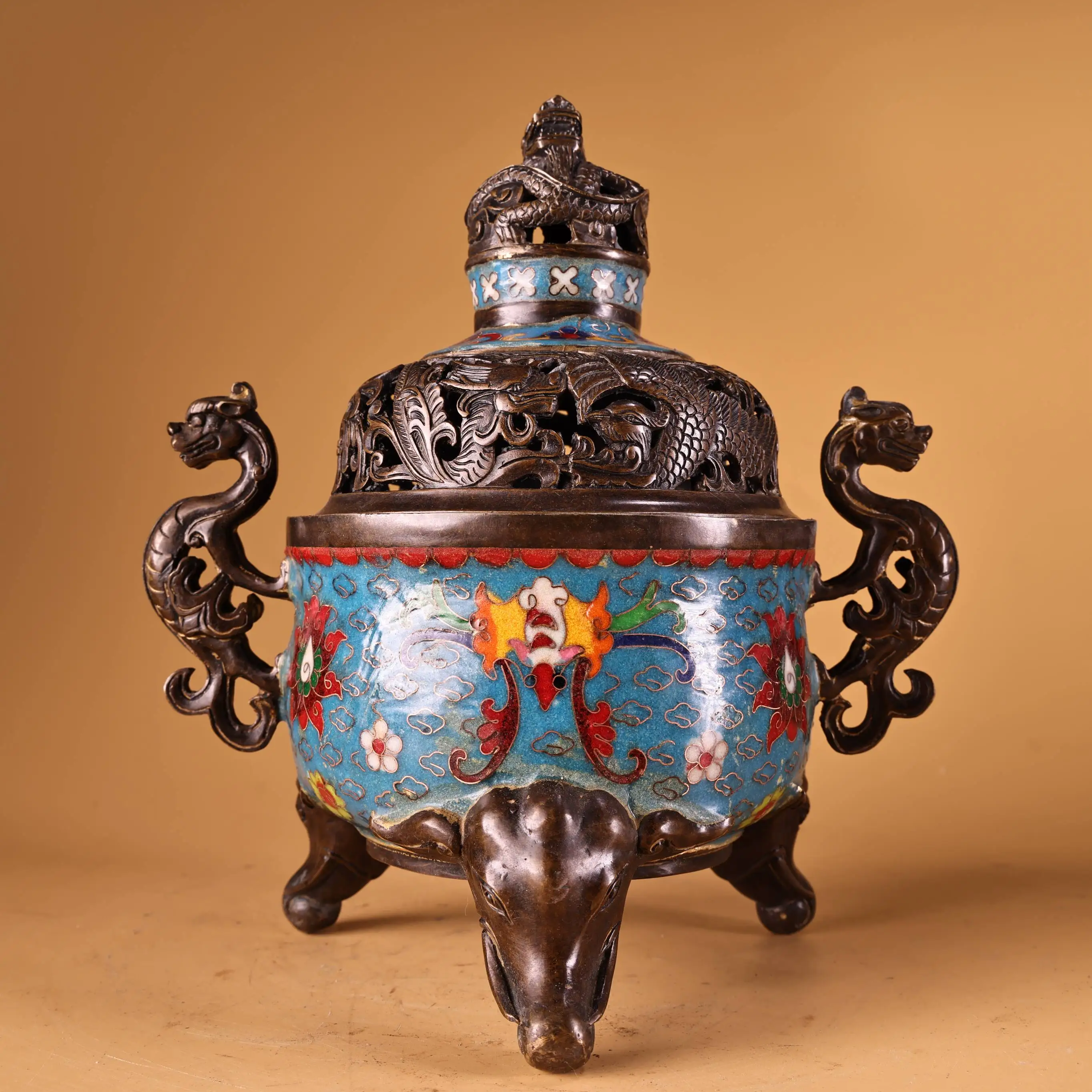 

9"Old Nepalese temples Old Bronze Cloisonn Enamel High Relief Lotus pattern Dragon Statue Ear Three legged incense burner