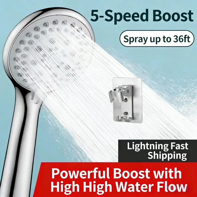 Chrome Handheld Shower Head 5 Spray Modes High Flow Pressure Boost ABS Universal G1/2 Bathroom Shower Accessory