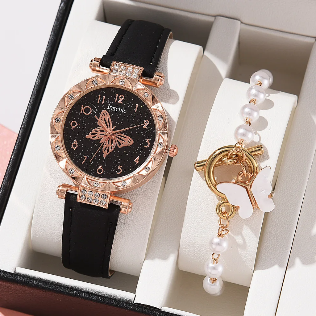 White Pearl Butterfly Watches for Women Fashion Rhinestone Casual Bracelet Watch Simple Female Clock Ladies Quartz Wristwatches