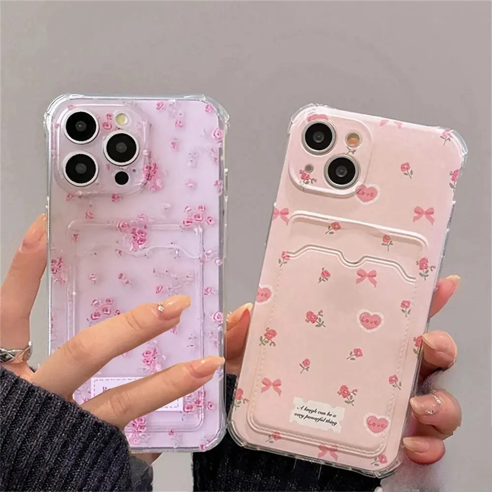 Pink Flower Bow Heart Card Holder Bag Case for Samsung Galaxy A15 A25 A14 A05 A05S A04 A04E A22 A33 A32 A13 A12 A50 A51 A71 A72