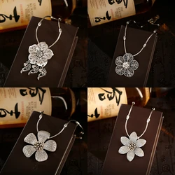 Boho New Ethnic Flower Necklace For Women Silver Color Alloy Big Flower Fish Pendant Long Neckla Wedding Party Jewelry Gifts