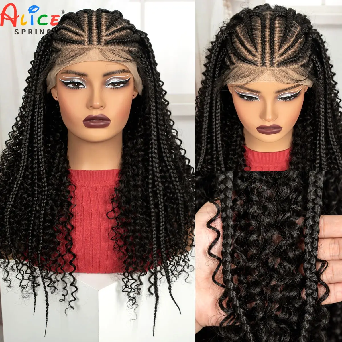 22in Cornrow Braided Wigs Synthetic 13x6 Lace Frontal Deep Wave Braiding Hair Wigs Knotless Handmade Braids Wigs for Black Women