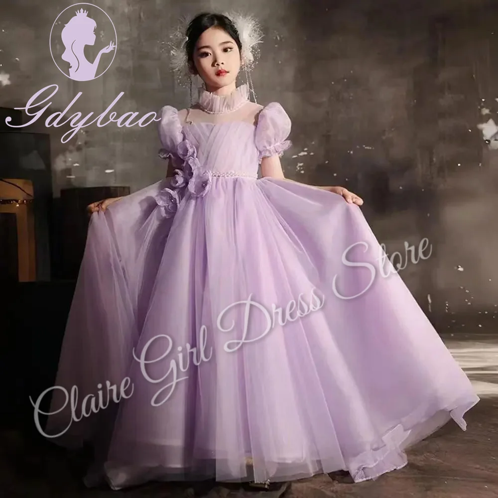 ที่กําหนดเองสีม่วงดอกไม้สําหรับงานแต่งงานลูกไม้Tulle Appliques Elegantเด็กวันเกิดParty First Communion Ball Gown