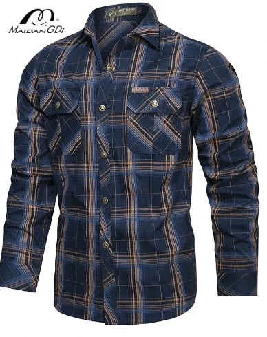 

MAIDANGDI Men's Checkered Shirt with Inner Outer Workwear Style Top Slim Fit Pure Cotton Long Sleeved Jacket Plus Size
