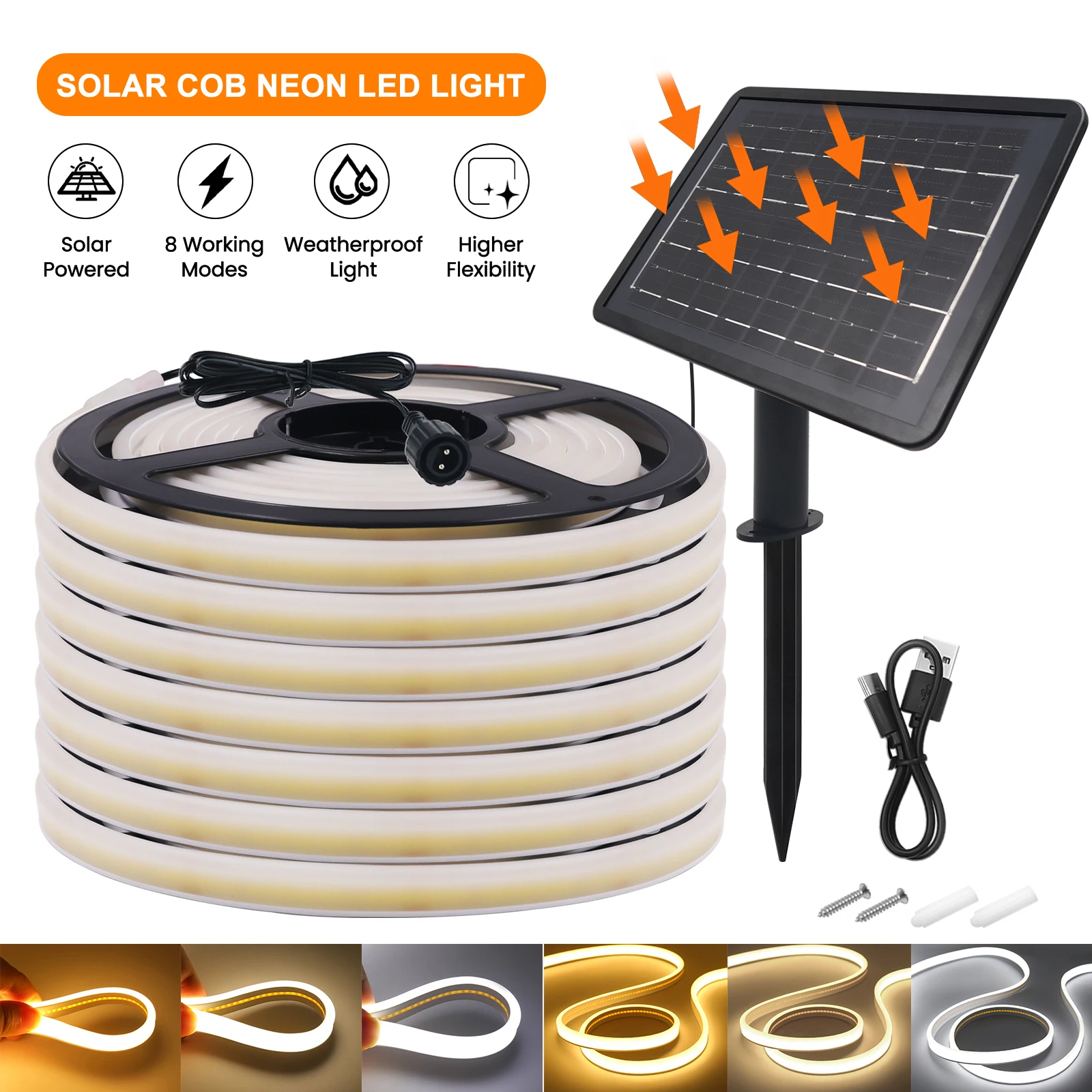 تعمل بالطاقة الشمسية COB النيون قطاع 24 فولت 320 المصابيح/م 3000 كيلو 4000 كيلو 6000 كيلو IP67 مقاوم للماء في الهواء الطلق حديقة ديكور شريط مرن حبل مصباح ليد
