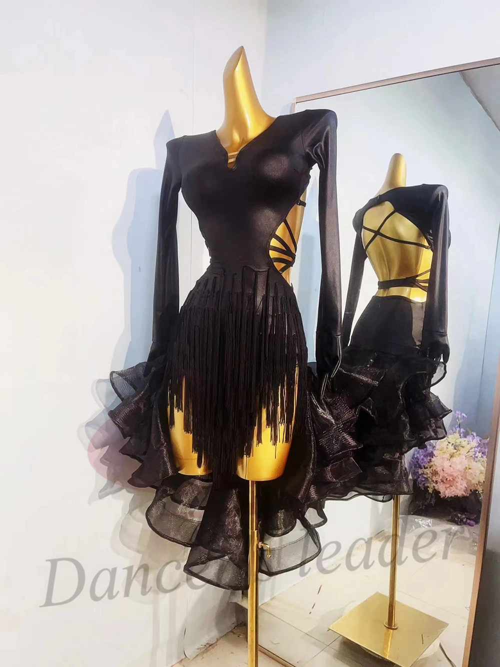 Costume da ballo latino AB Stone Donna Adulto Bambini Gonna con frange in rete personalizzata di fascia alta Abito da spettacolo per samba da piscina nero