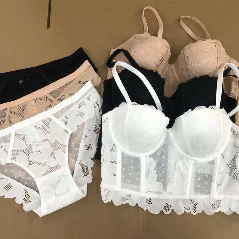 Mesh Lace Push Up Half Cup Bra Set Underwear with Removable Straps 7 Breasted Broadside Shape Bra Women Beautiful Sexy Lingerie