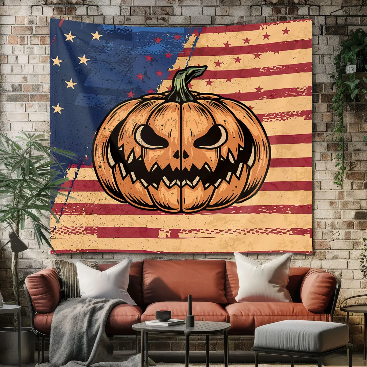 American Retro Flag Evil Spirit Pumpkin Tapestry 1PC, Wall Hanging Decor For Living Room Bedroom Background, Party Pendant Ho