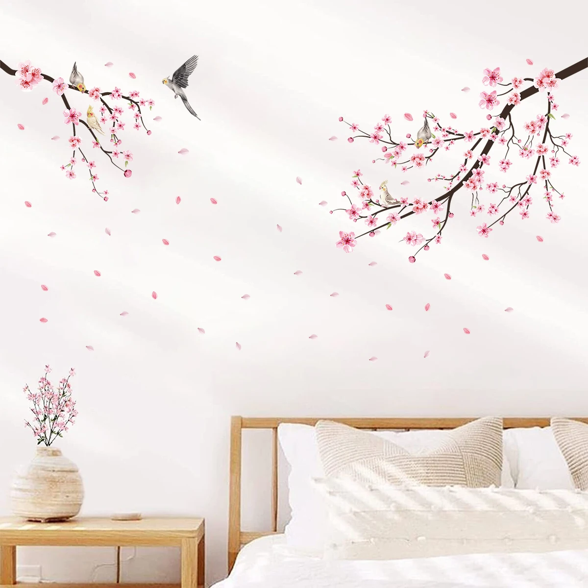 1Pc Watercolor Bird Sakura Flower Wall Stickers Living Room Wall Decals Home Essentials Decoration Decor for Kids Room Bedroom