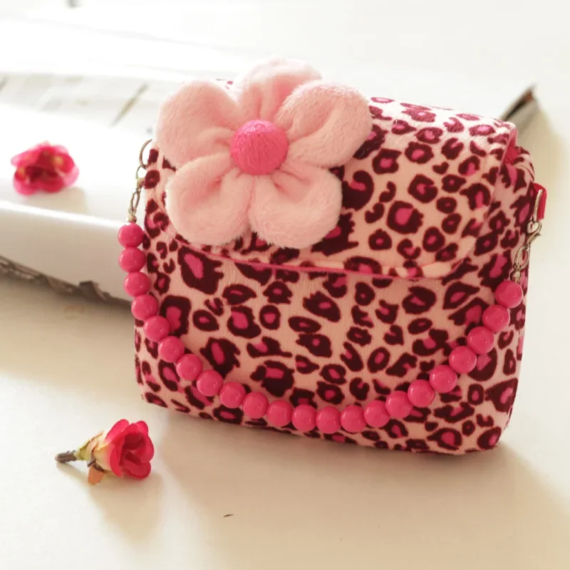 Cute Kids Girls 3D Flower Plush Purses Shoulder Messenger Bag Leopard New Lovely Candy Color Coin Purses Gift Zipper Mini wallet