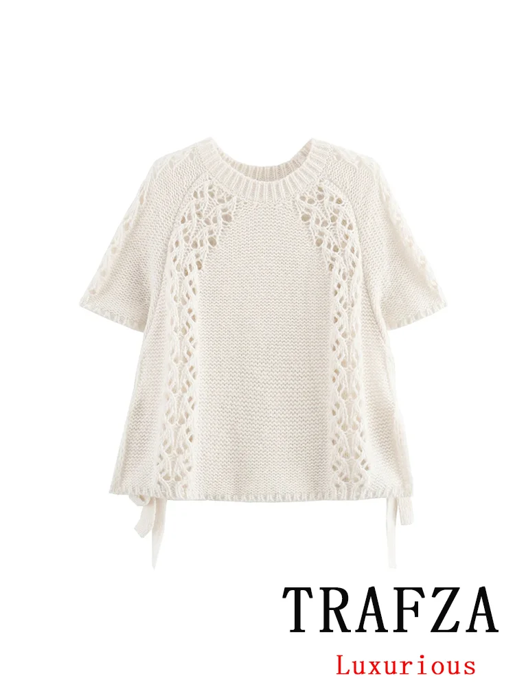 TRAFZA Vintage Casual Women Sweater Solid O-Neck Short Sleeve Hollow Out Knitted Loose Sweater New Fashion 2024 Autumn Sweater