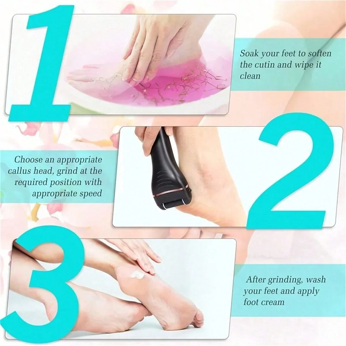 Kit elétrico de remoção de calos de pé, moedor de pé elétrico, kit de pedicure recarregável, arquivo elétrico de rachaduras no calcanhar